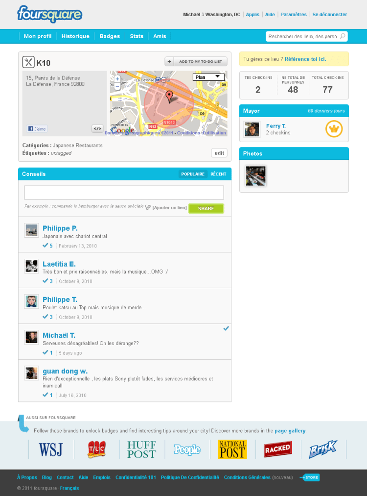 Page du restaurant K10 sur Foursquare