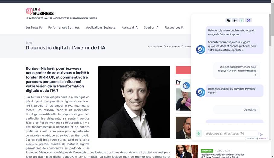 Capture d'écran de l'interview de Michaël Tartar pour IA 4 Business avec assistant IA ouvert.
